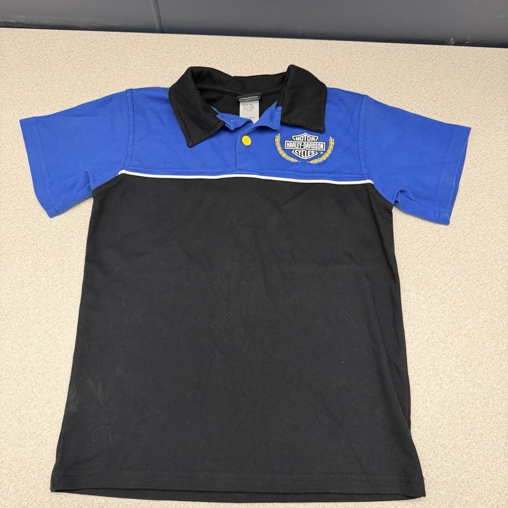 Harley-Davidson Boys M 8/10 Racing Knit Colorblocked‎ Short Sleeve Polo Black